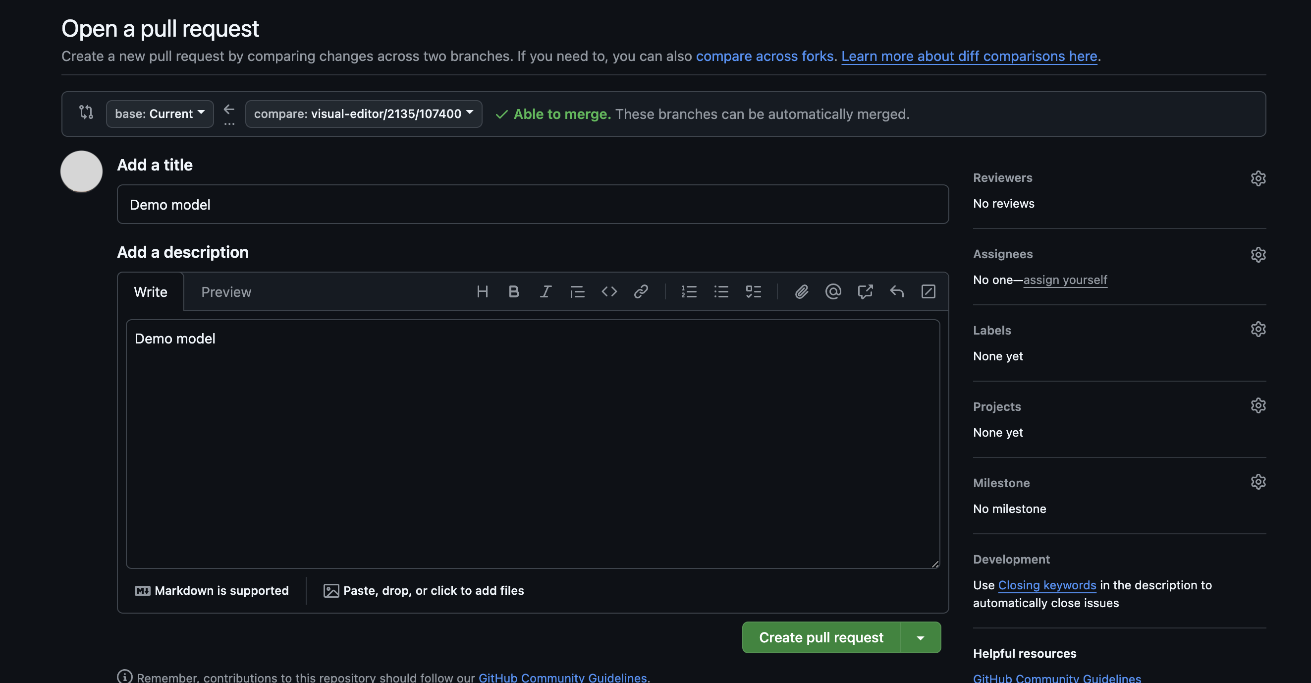 Example of the screen you're taken to in GitHub when you create a pull request from Canvas. Example of the screen you're taken to in GitHub when you create a pull request from Canvas.
